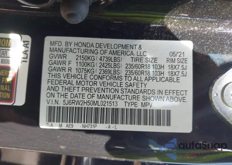 2021 Honda Cr-V Awd Ex из США, поврежденный, VIN 5J6RW2H50ML021513